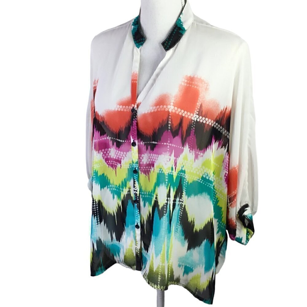 Allen B Schwartz Women's Semi Sheer Top Loose Sz XS Watercolor Colorful Batwing